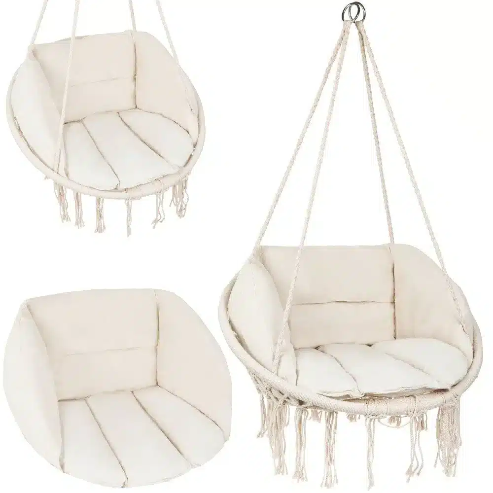 Fotel Wiszący Huśtawka Bocianie Gniazdo BOHO Ecru + 2x Poduszka