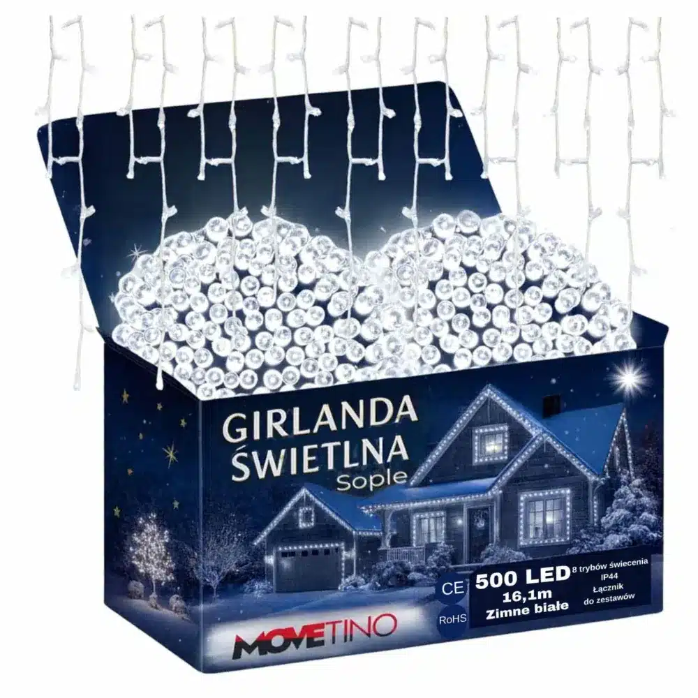 Kurtyna Świetlna Lampki Sople Biały Zimny 500LED 15m