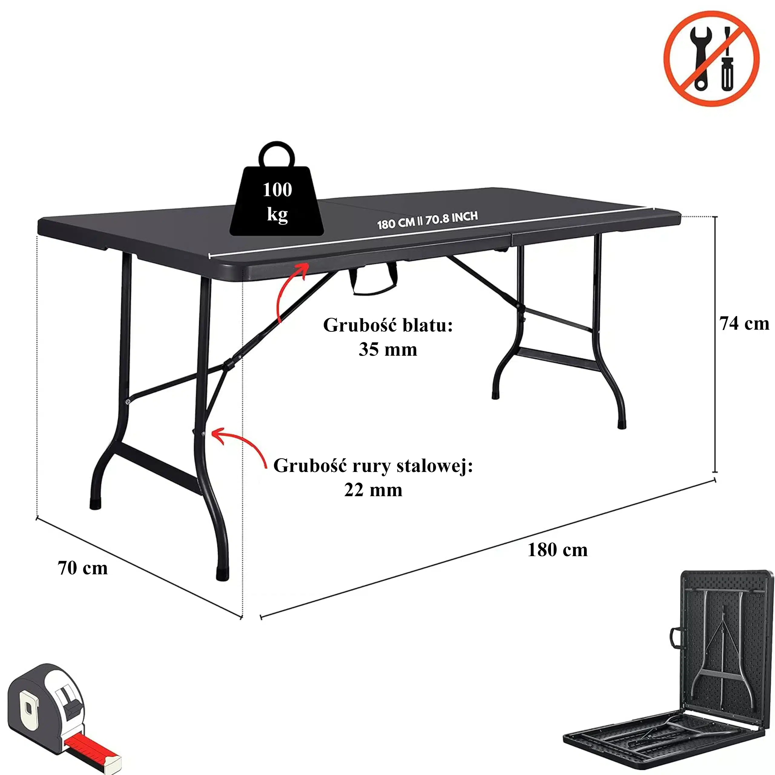 Stół Cateringowy Ogrodowy Bankietowy Walizka Składany Duży 180x74x70cm - obrazek 5