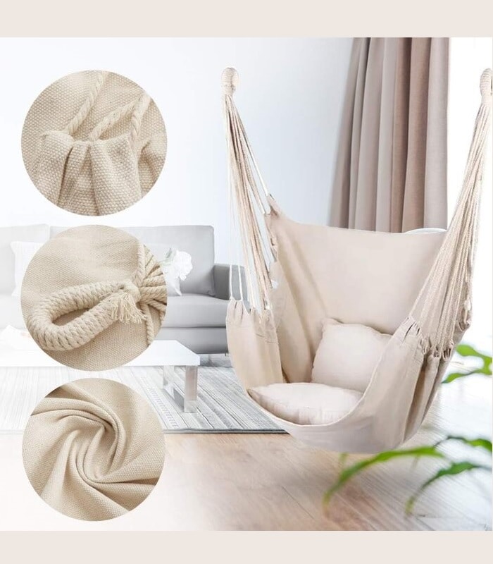Fotel Wiszący Krzesło Brazylijskie Huśtawka Beżowy + 2x Poduszka - obrazek 3
