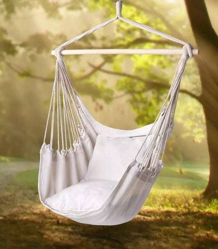 Fotel Wiszący Krzesło Brazylijskie Huśtawka Beżowy + 2x Poduszka - obrazek 4