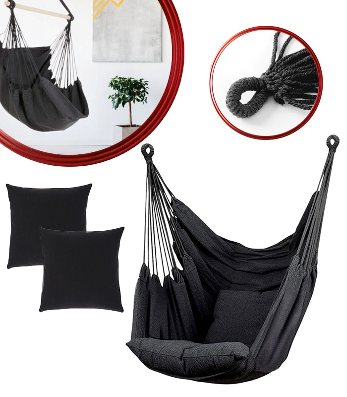 Fotel Wiszący Krzesło Brazylijskie Huśtawka Czarny + 2x Poduszka - obrazek 2