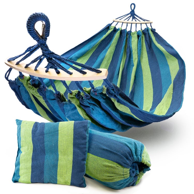 Hamak Ogrodowy Dwuosobowy z Poprzeczką Niebieski 250x155cm + Poduszka - obrazek 2