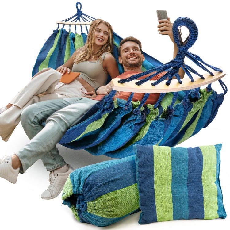 Hamak Ogrodowy Dwuosobowy z Poprzeczką Niebieski 250x155cm + Poduszka