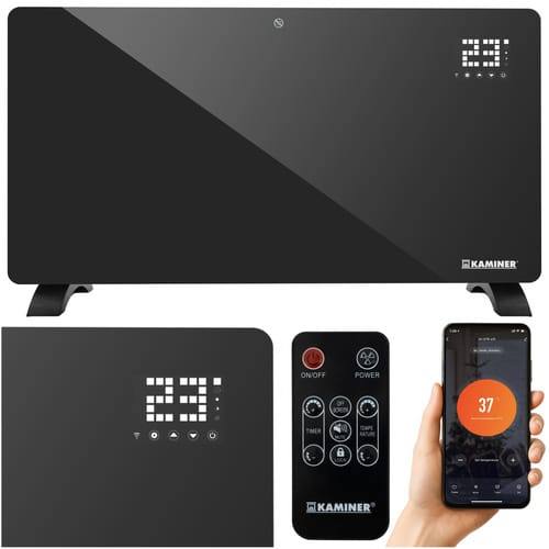 Grzejnik Elektryczny Konwektorowy Szklany WiFi Pilot Czarny Kaminer 2500W