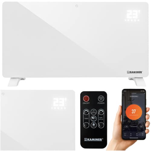 Grzejnik Elektryczny Konwektorowy Szklany WiFi Pilot Biały Kaminer 2500W