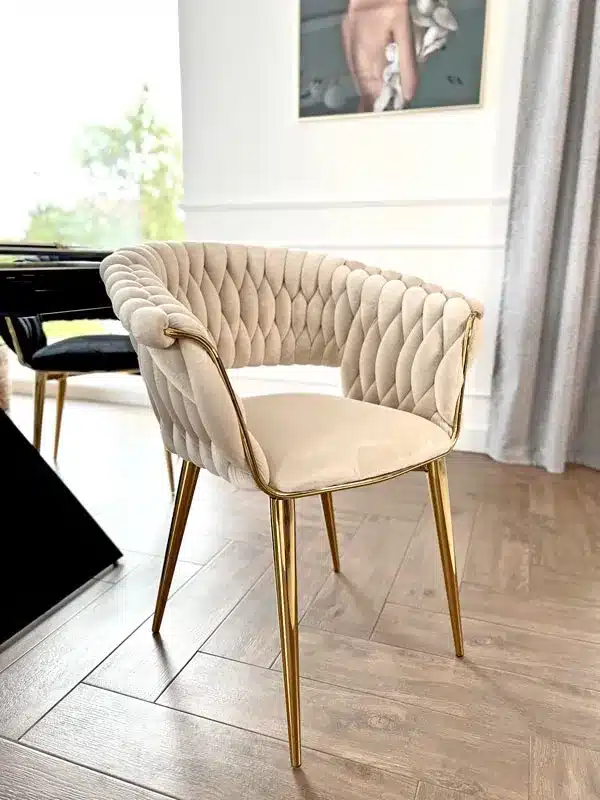 Krzesło Welurowe Tapicerowane Nowoczesne Glamour IRIS LUX Beżowy Złote Nogi - obrazek 13