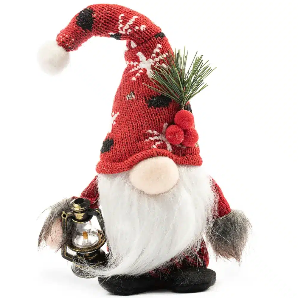 Skrzat Świąteczny Krasnal w Czapce z Latarnią Czerwony 25cm
