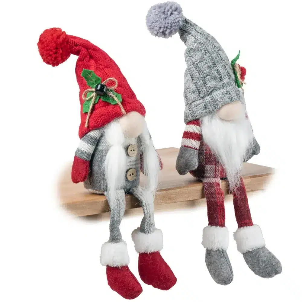 Skrzat Świąteczny Krasnal w Czapce Siedzący Szary Czerwony 34cm 2 Sztuki