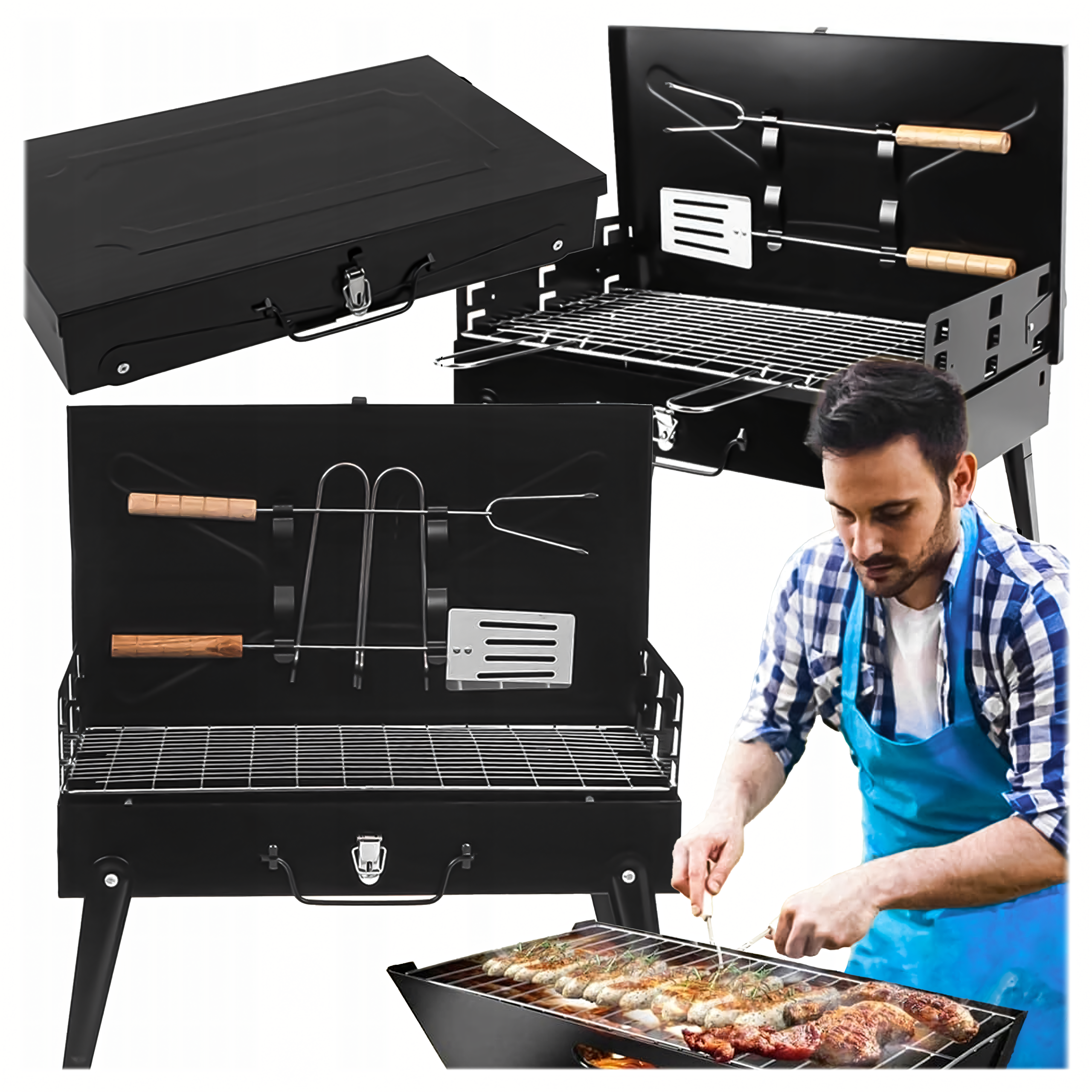 Grill Ogrodowy Turystyczny Składany Przenośny Walizka Kemping + Sztućce