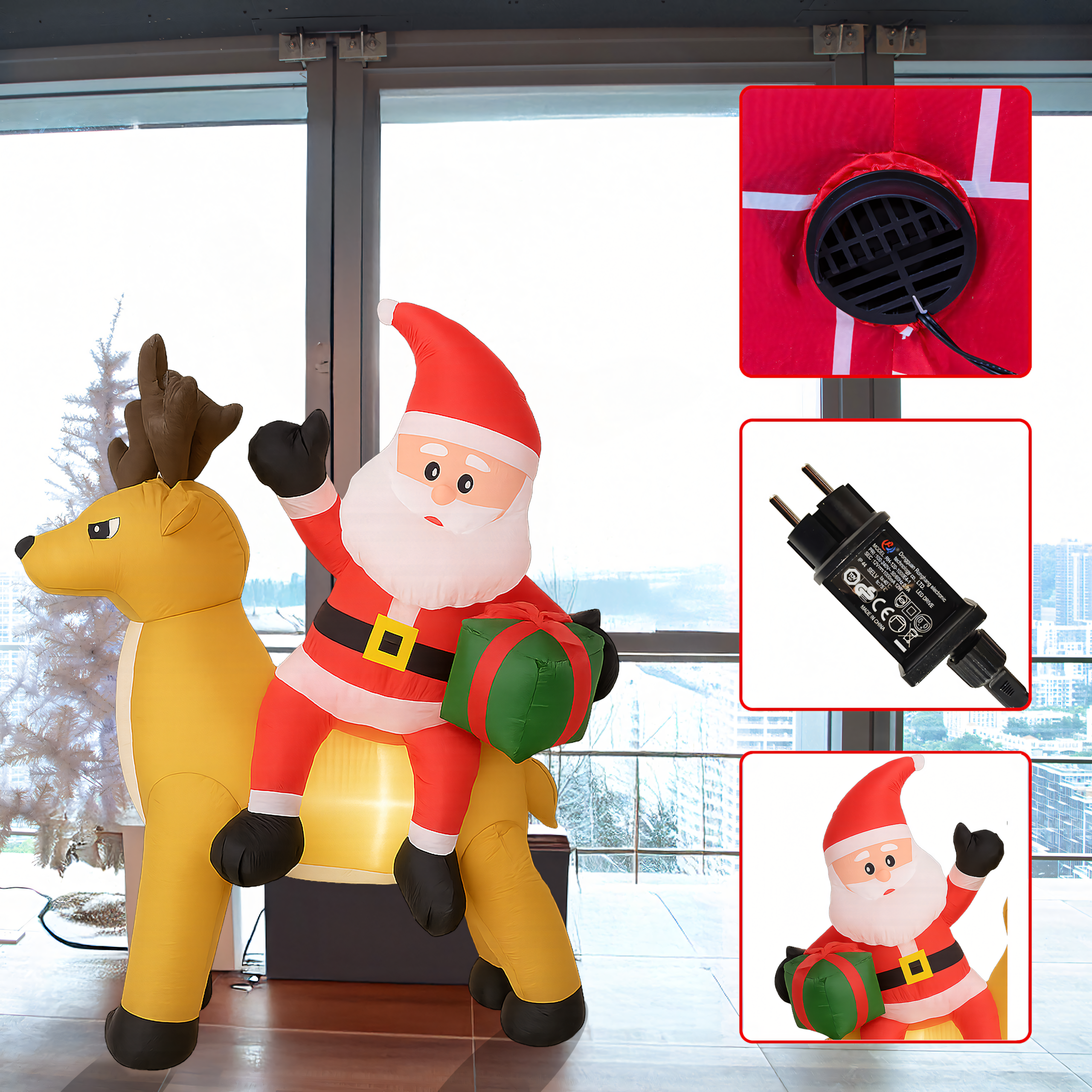 Dmuchany Święty Mikołaj z Reniferm 1,5m Ozdoba Świąteczna Podświetlenie Led - obrazek 5