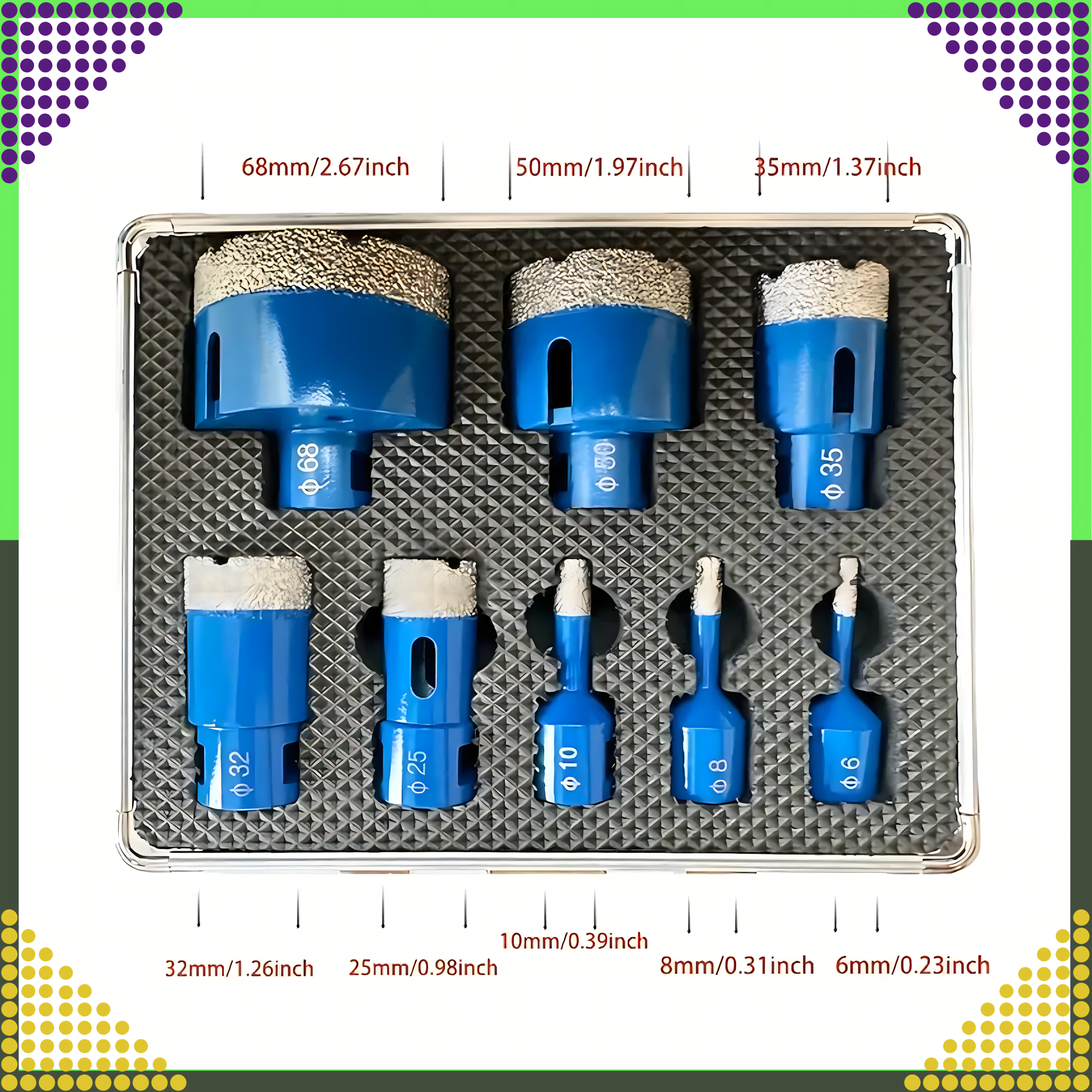 Zestaw Otwornic Koronki Wiertła Diamentowe do Gresu Płytek 6-68mm Walizka - obrazek 4