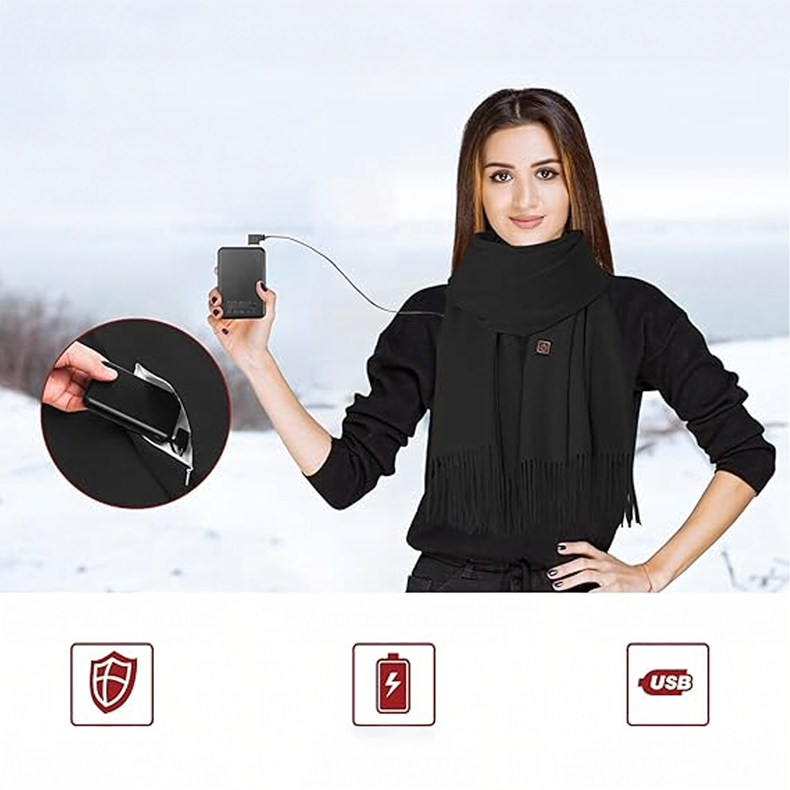 Szalik Grzewczy Podgrzewany Ocieplacz Szal Zimowy Ogrzewacz USB Powerbank - obrazek 5