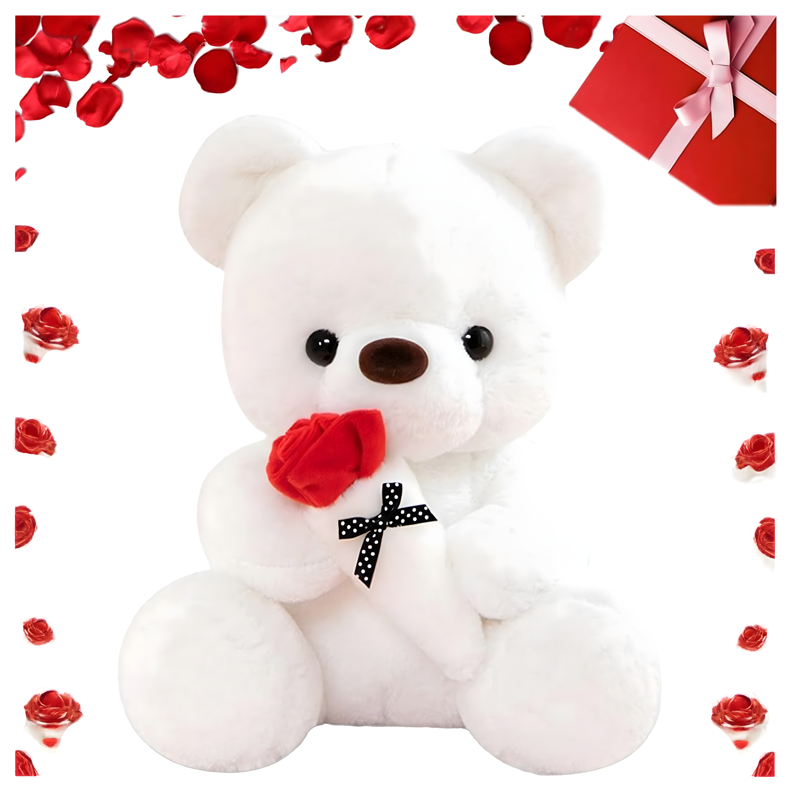 Pluszowy Biały Miś dla Dziewczyny 32 cm Czerwona Róża z Kokardą Prezent