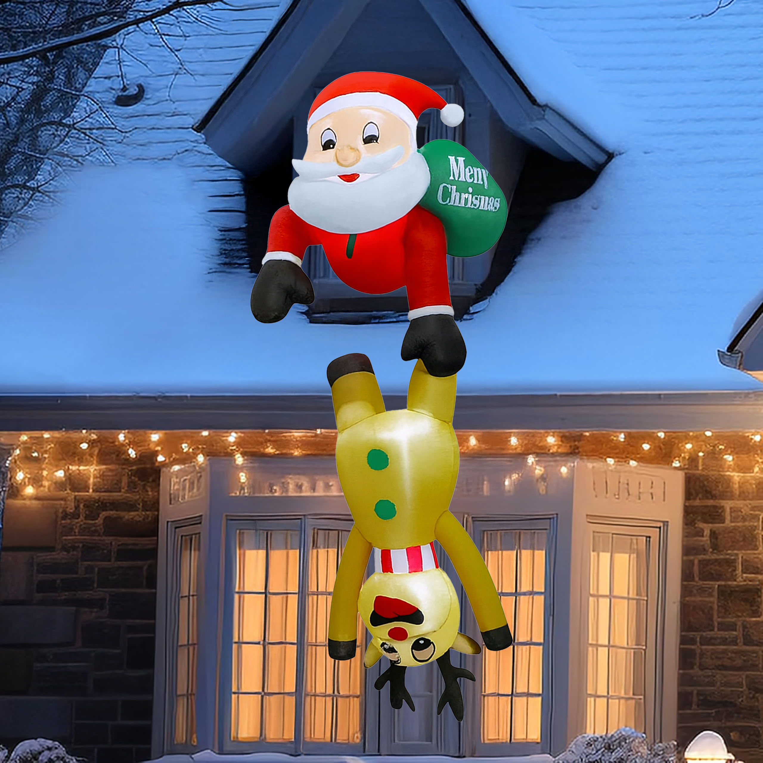 Dmuchany Święty Mikołaj z Reniferm 2,1m Ozdoba Świąteczna Podświetlenie Led - obrazek 5