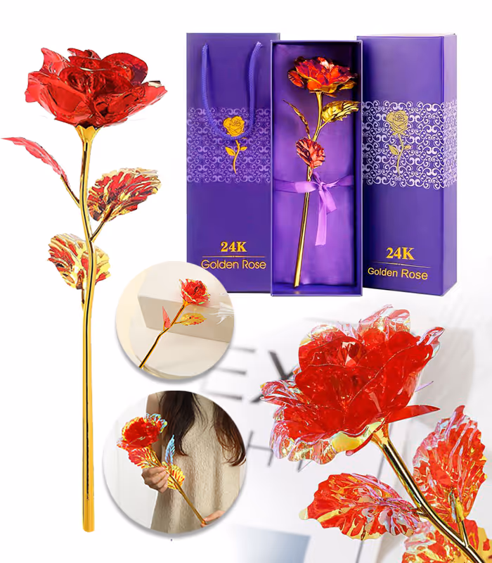 Wieczna Róża Czerwona Złota Łodyga Prezent na Walentynki Dzień Kobiet Urodziny