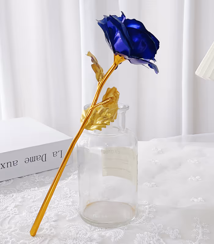 Wieczna Róża Niebieska Złota Łodyga Prezent na Walentynki Dzień Kobiet Urodziny - obrazek 4
