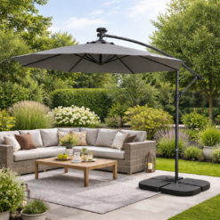 Parasol Ogrodowy Składany z Wysięgnikiem Lampki LED Szary 300cm + Pokrowiec - obrazek 8