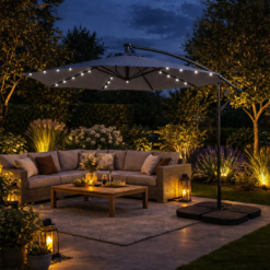 Parasol Ogrodowy Składany z Wysięgnikiem Lampki LED Szary 300cm + Pokrowiec - obrazek 9