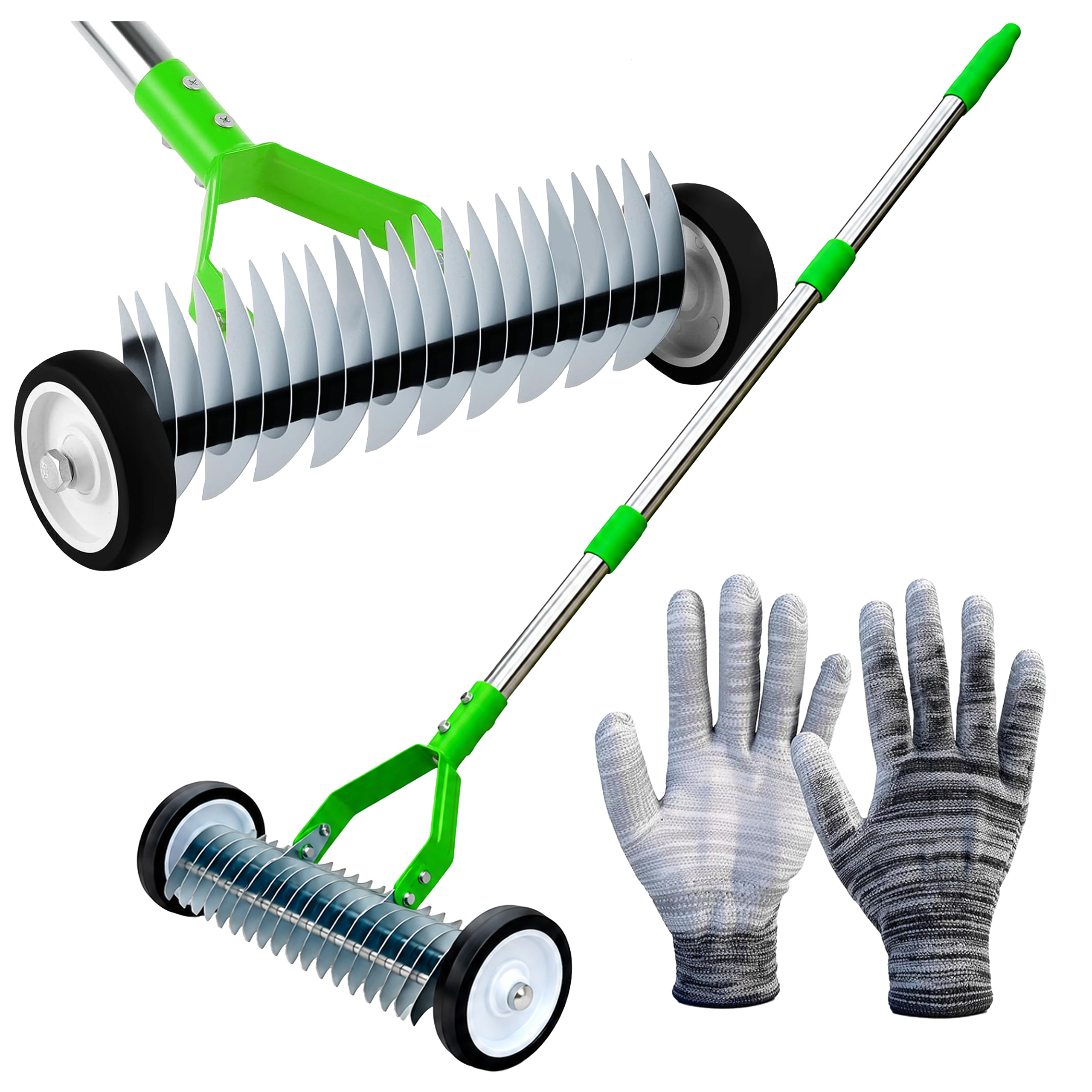 Aerator Wertykulator Ręczny Na Kółkach Zielony 130x32cm + Rękawiczki