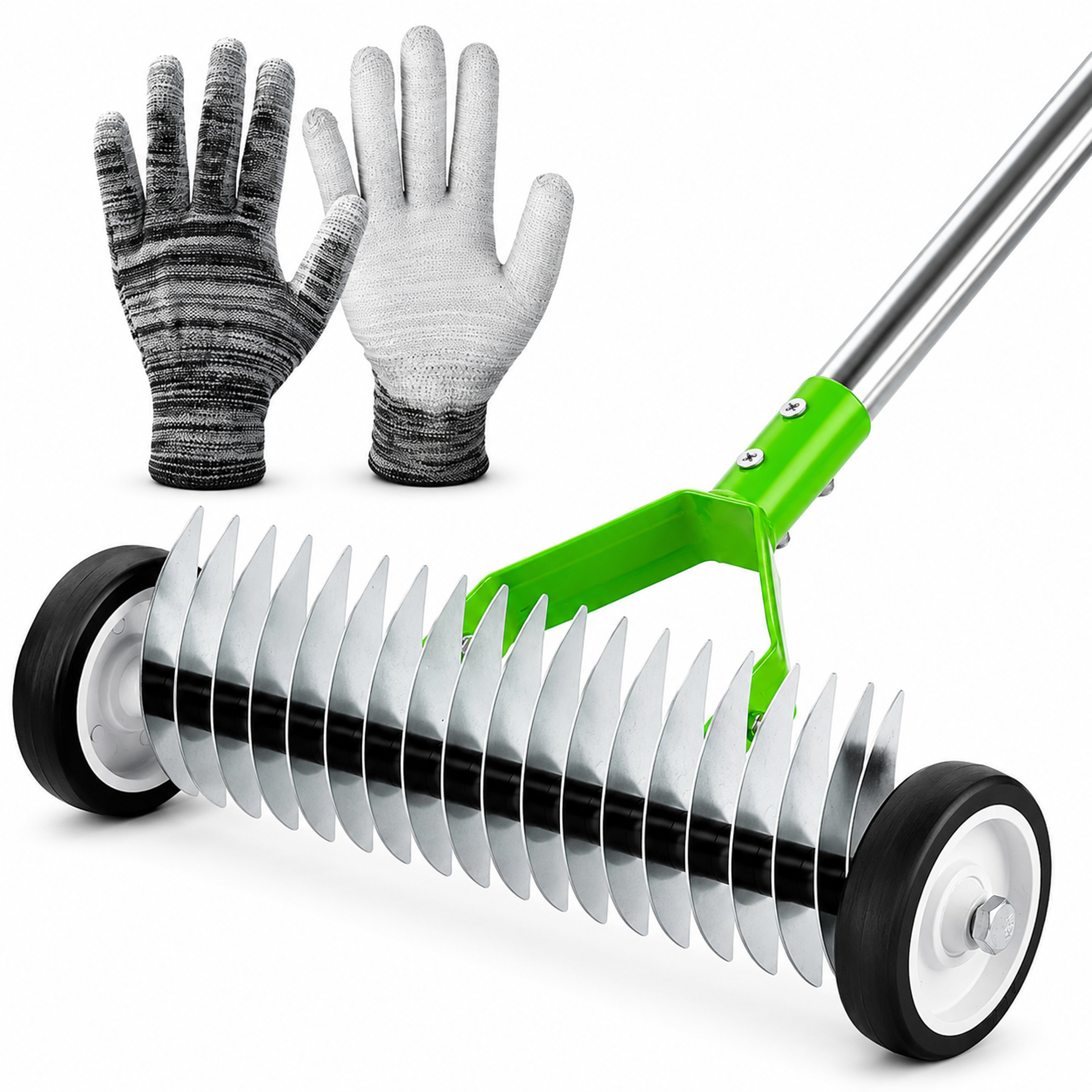 Aerator Wertykulator Ręczny Na Kółkach Zielony 130x32cm + Rękawiczki - obrazek 3