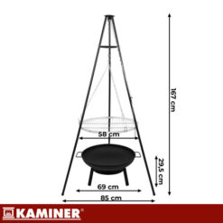 Grill Ogrodowy Trójnóg z Rusztem Wiszący Nierdzewny Kaminer 167x58cm - obrazek 3