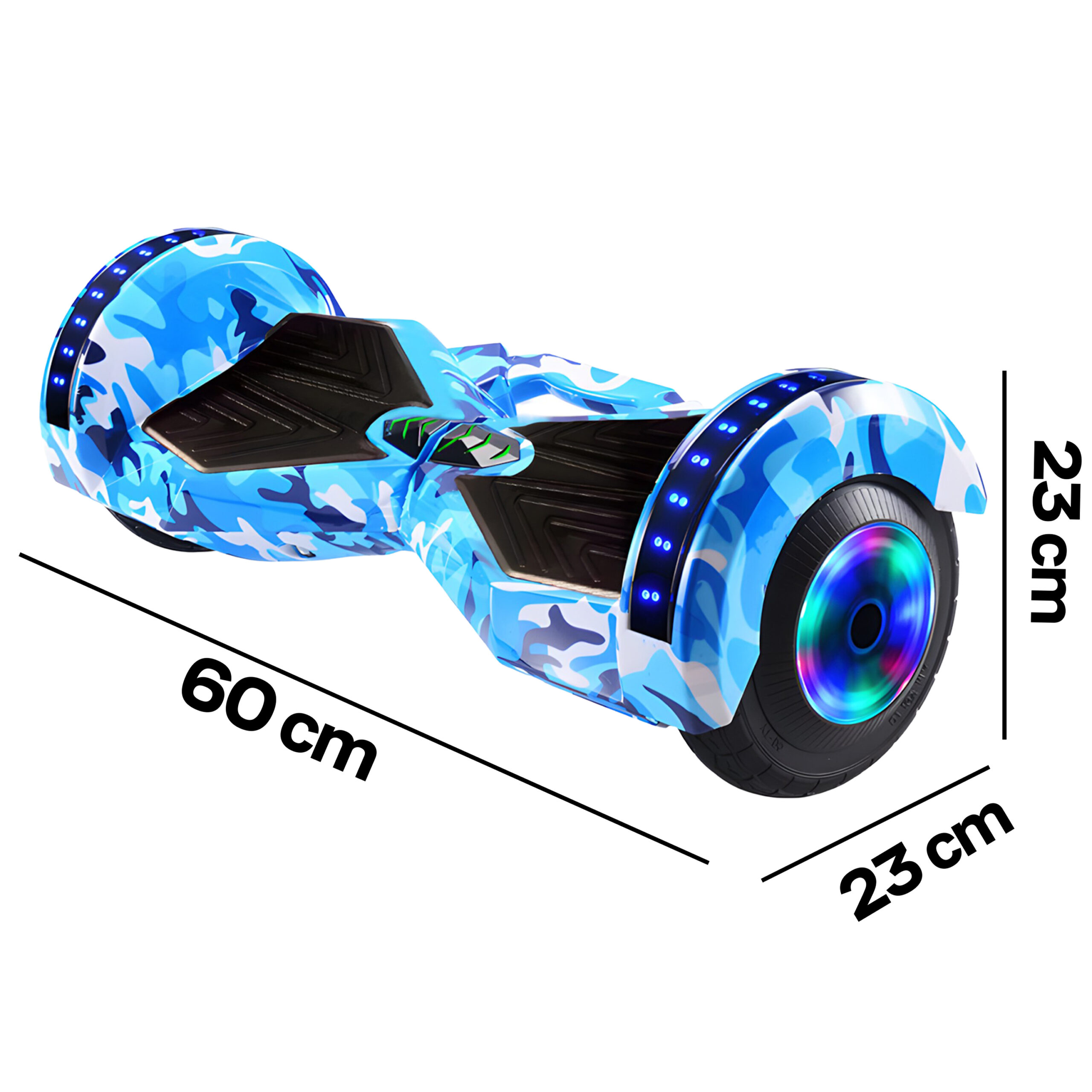 Niebieski kamuflażowy hoverboard z podświetleniem LED i wymiarami 60 × 23 × 23 cm