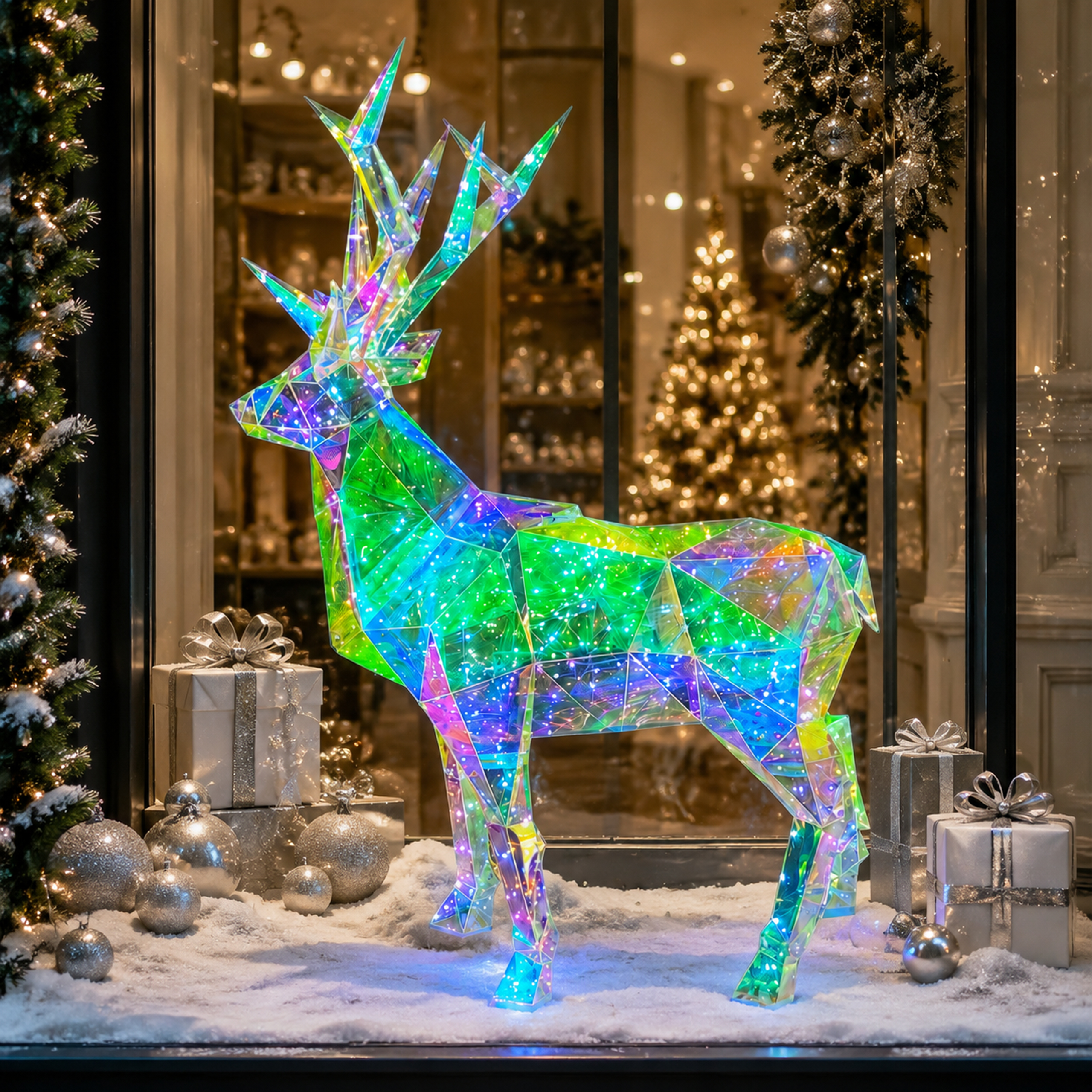 Kolorowy holograficzny renifer LED 3D w świątecznej witrynie sklepowej
