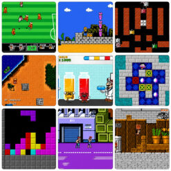 Przenośna konsola retro z ekranem LCD i kolażem gier 2D