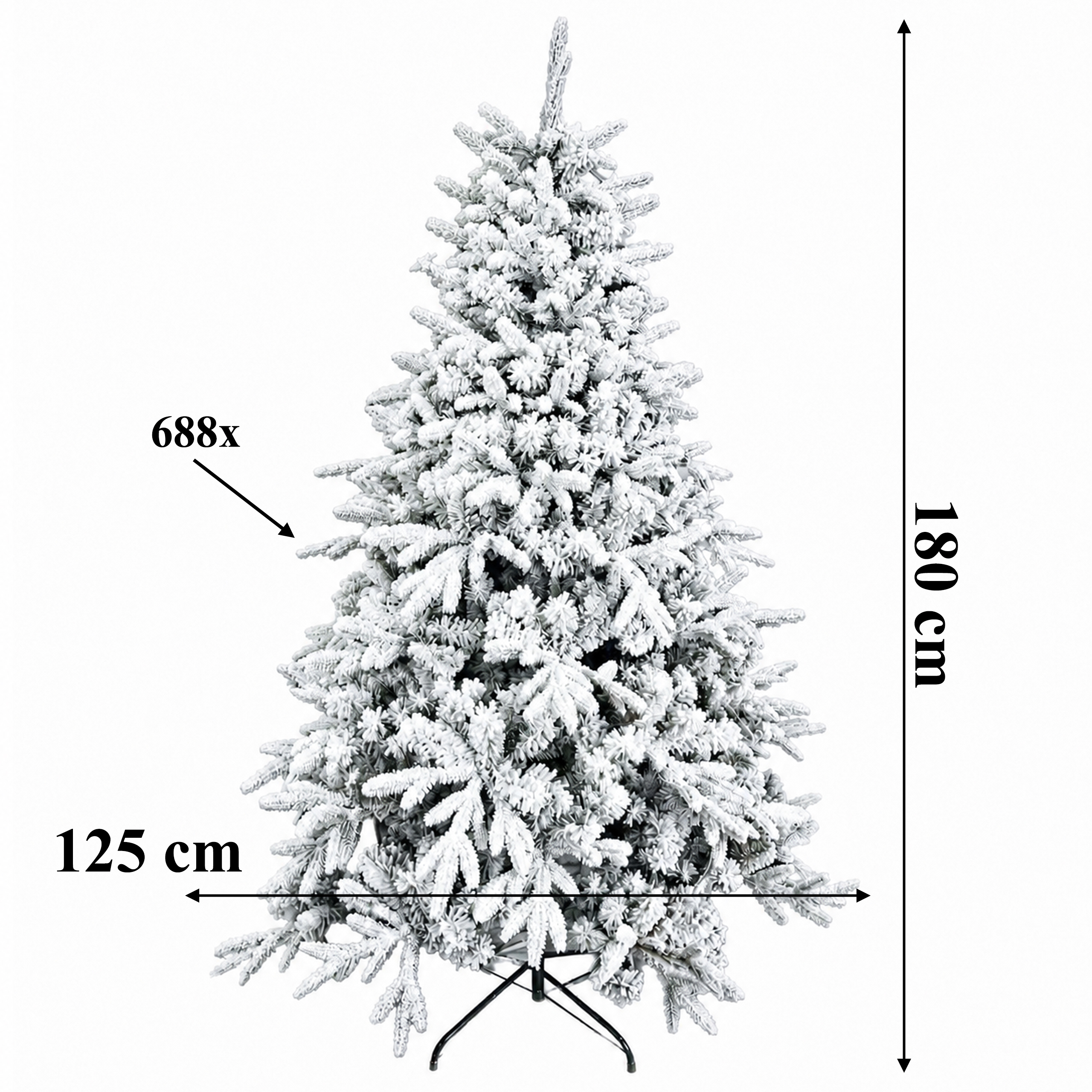 Ośnieżona sztuczna choinka świerk 180 cm z wymiarami 125 cm i 688 tipsami
