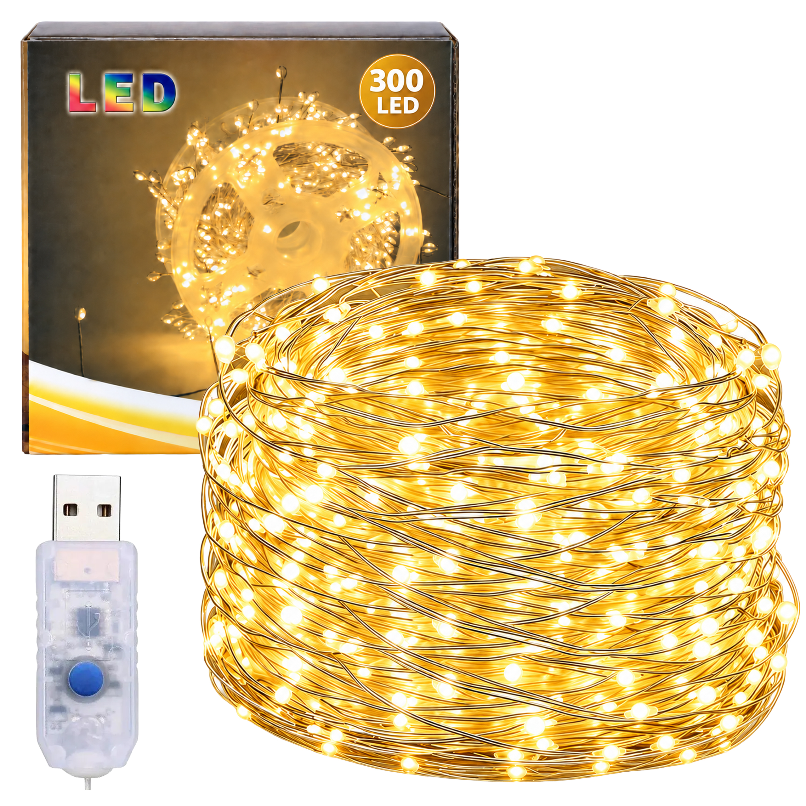 Lampki choinkowe LED na druciku z ciepłym białym światłem i sterownikiem USB