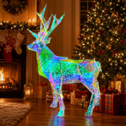Podświetlany holograficzny renifer LED 3D na tle choinki i kominka