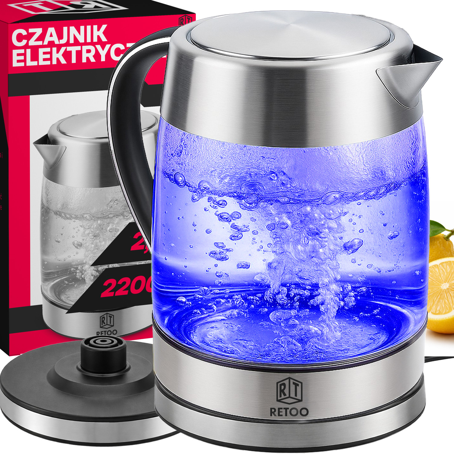 Czajnik Elektryczny Szklany 1,7L 2200W LED Filtr Antyosadowy