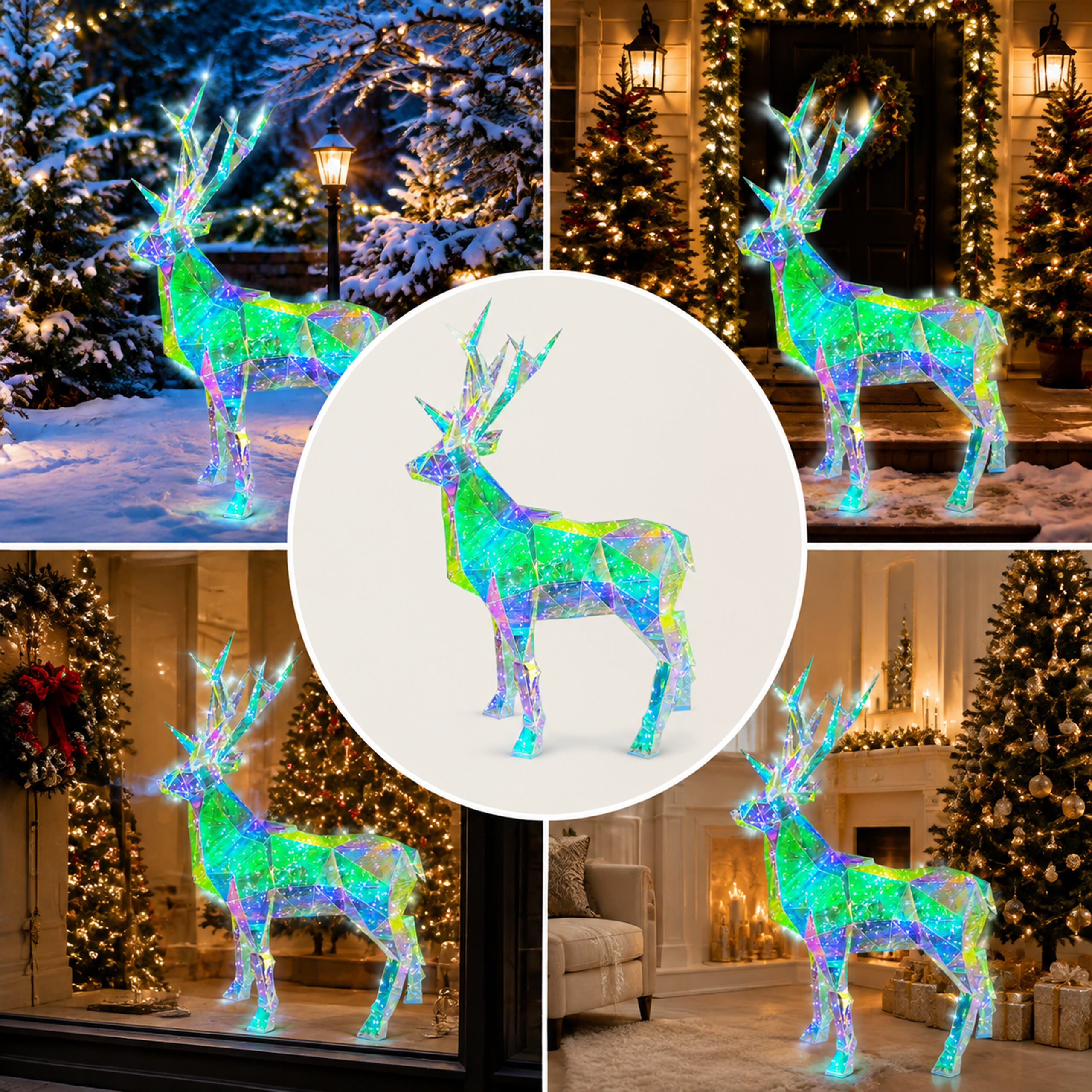 Podświetlany holograficzny renifer LED 3D w różnych świątecznych aranżacjach