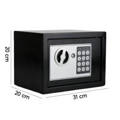 Czarny sejf elektroniczny z klawiaturą i wymiarami 20 × 31 × 20 cm