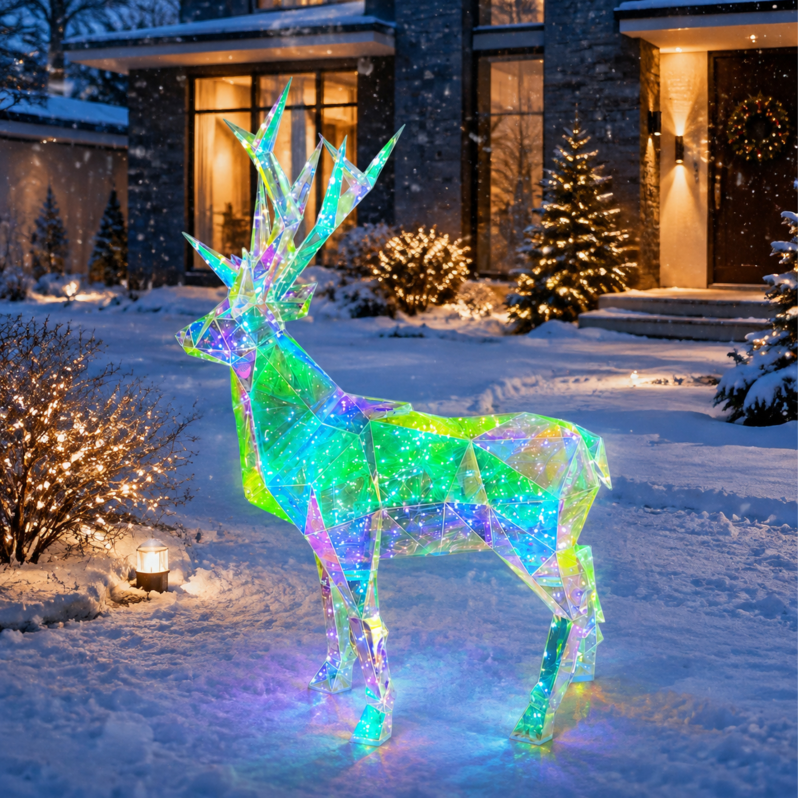 Holograficzny renifer LED 3D świecący na śniegu przed domem