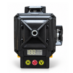 Tył zielonej poziomicy laserowej z wyświetlaczem i przyciskami sterowania