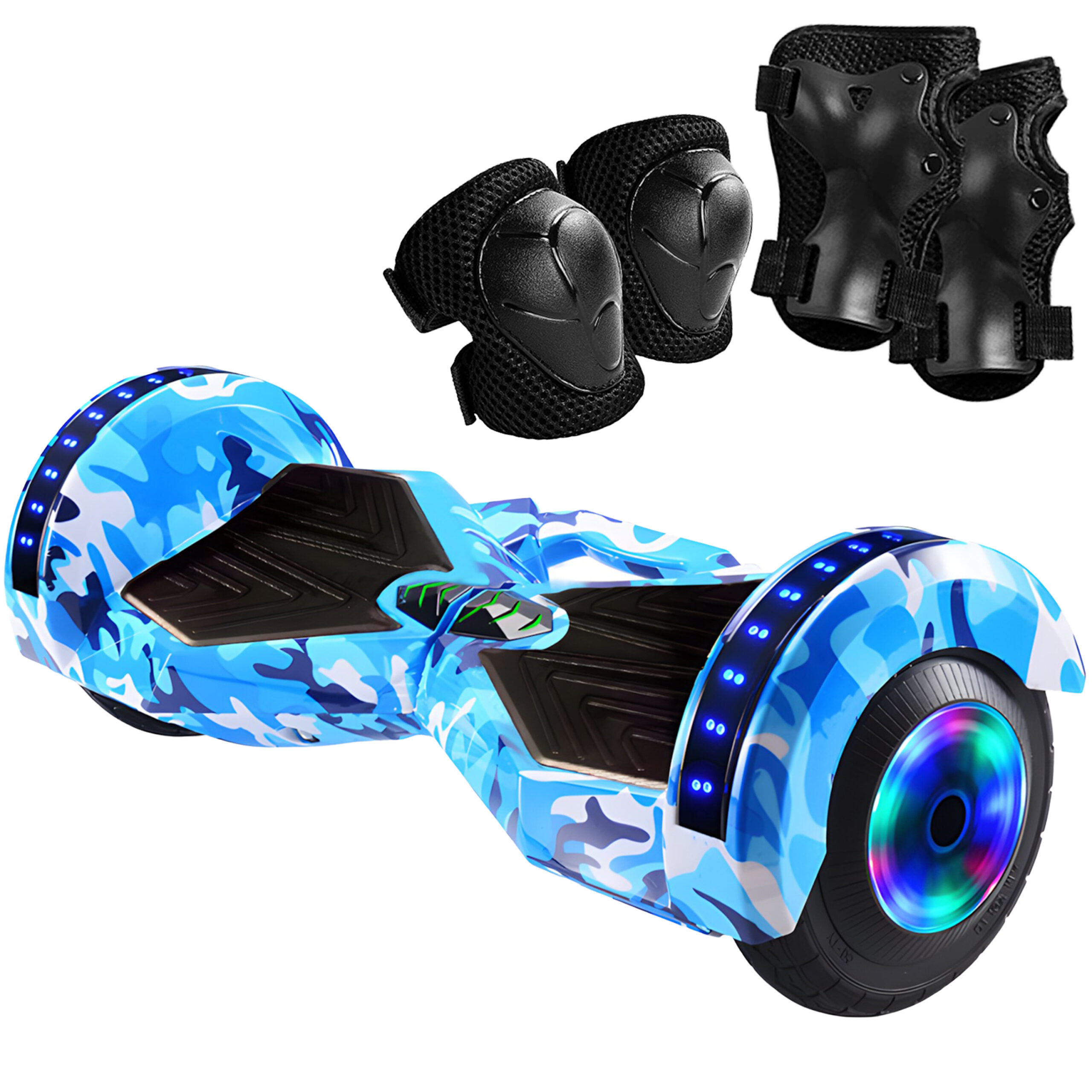 Niebieski hoverboard elektryczny z podświetleniem LED i ochraniaczamicuntegn