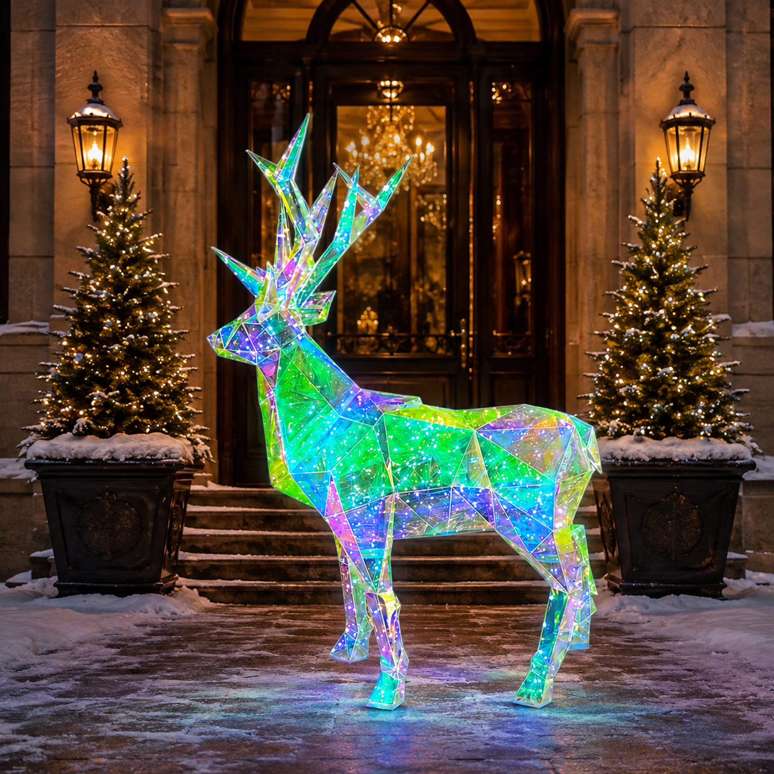 Świecący holograficzny renifer LED 3D przed wejściem do budynku