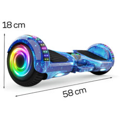 Hoverboard z podświetleniem LED z oznaczeniem wymiarów 58 × 18 cm