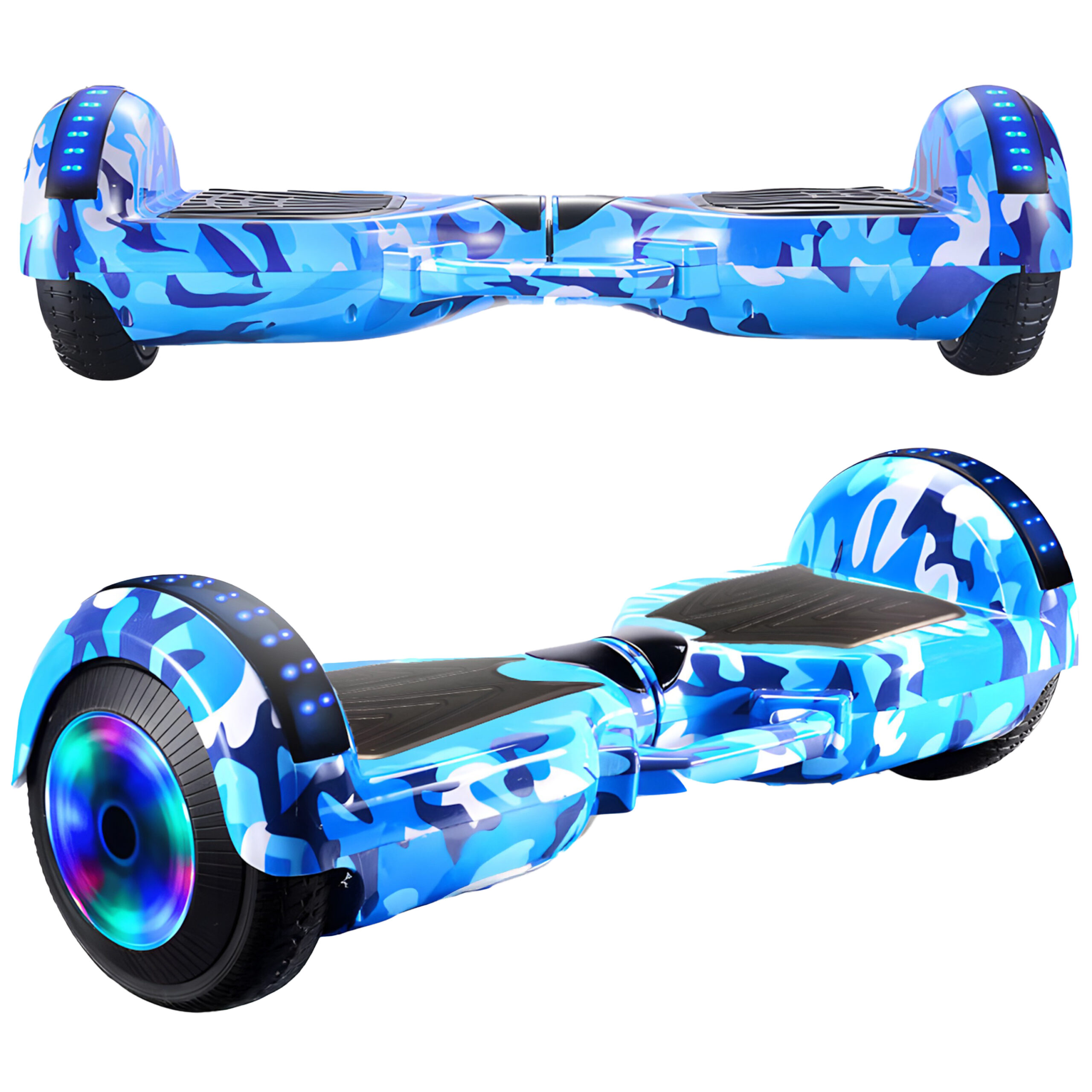 Niebieski hoverboard elektryczny w kamuflażu z oświetleniem LED, widok z przodu i perspektywy