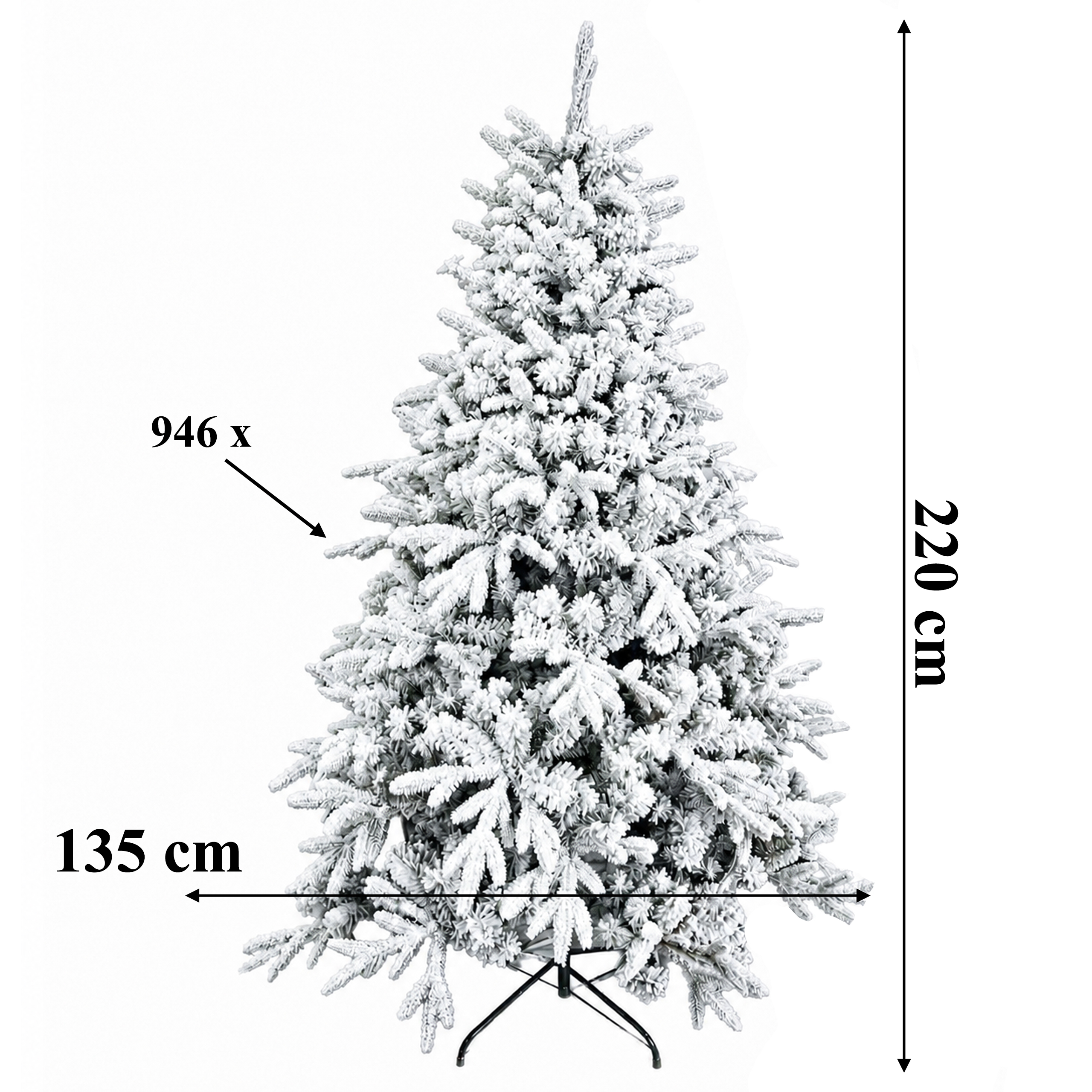 Ośnieżona sztuczna choinka świerk 220 cm z wymiarami i 946 tipsami