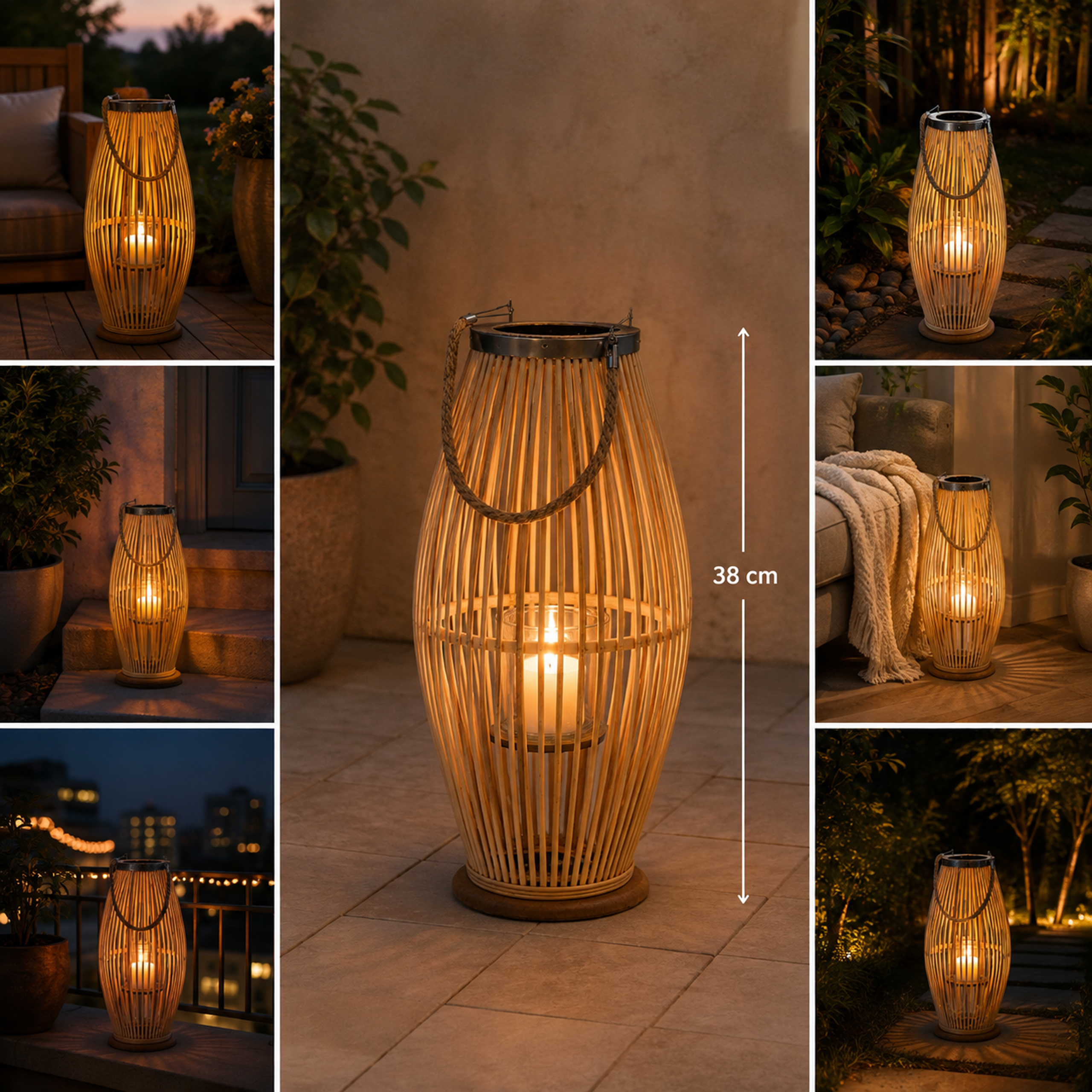 Drewniany lampion stojący z zapaloną świecą i uchwytem, wysokość 38 cm