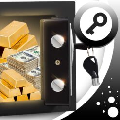 Sejf domowy elektroniczny otwarty z gotówką i sztabkami złota w środku