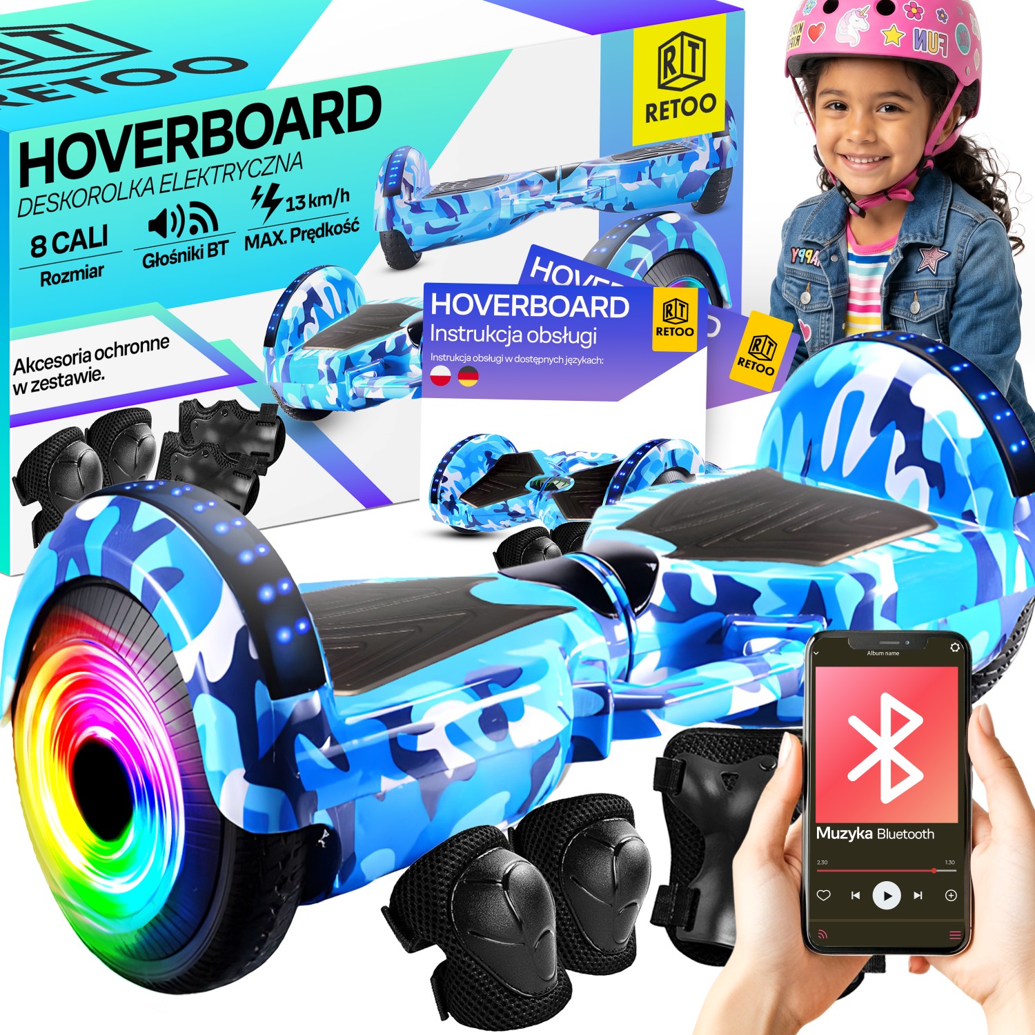 Niebieski hoverboard elektryczny z podświetleniem LED, akcesoriami i pilotem Bluetooth