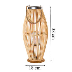 Drewniany lampion stojący z uchwytem, widok z wymiarami 38 cm i 18 cm