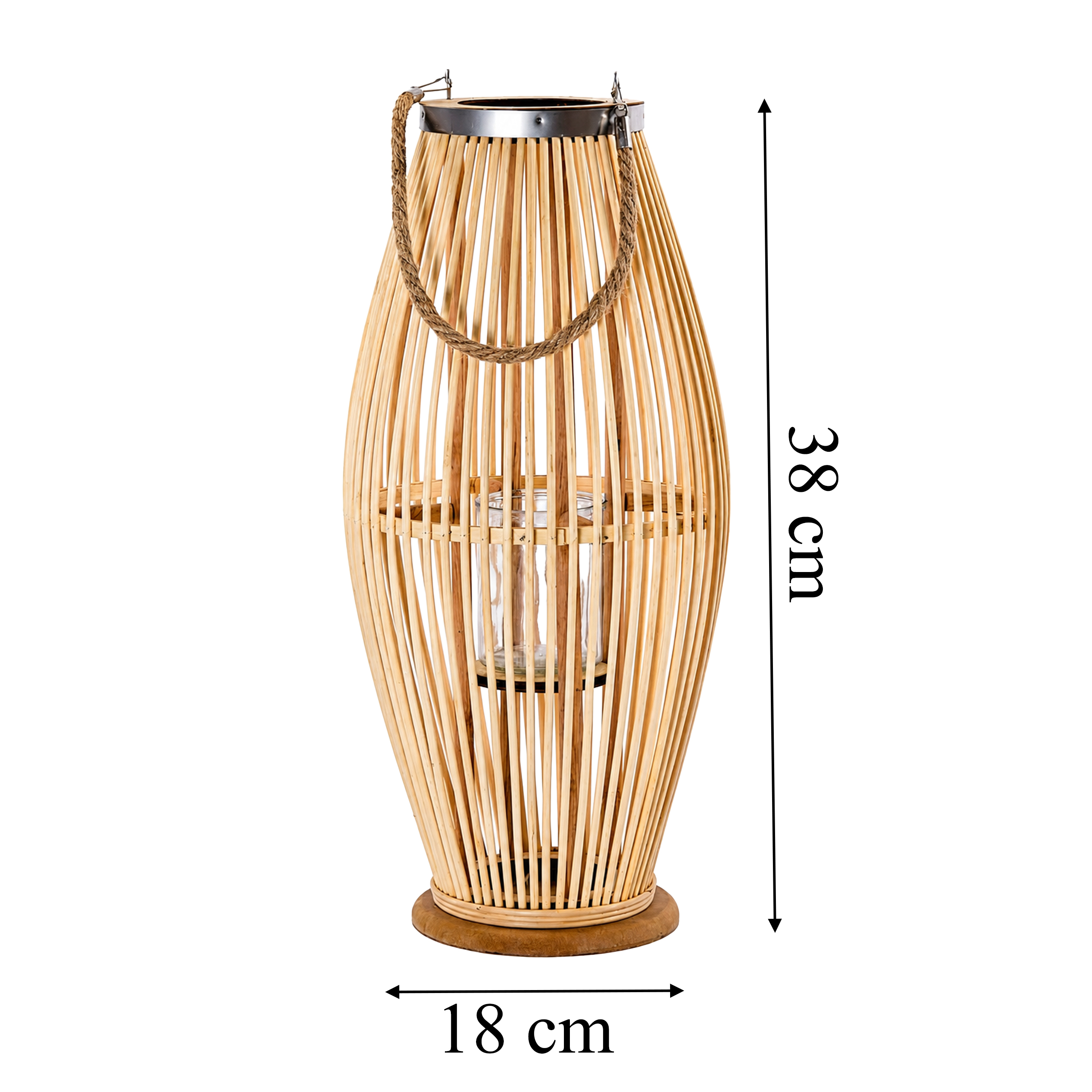 Drewniany lampion stojący z uchwytem, widok z wymiarami 38 cm i 18 cm