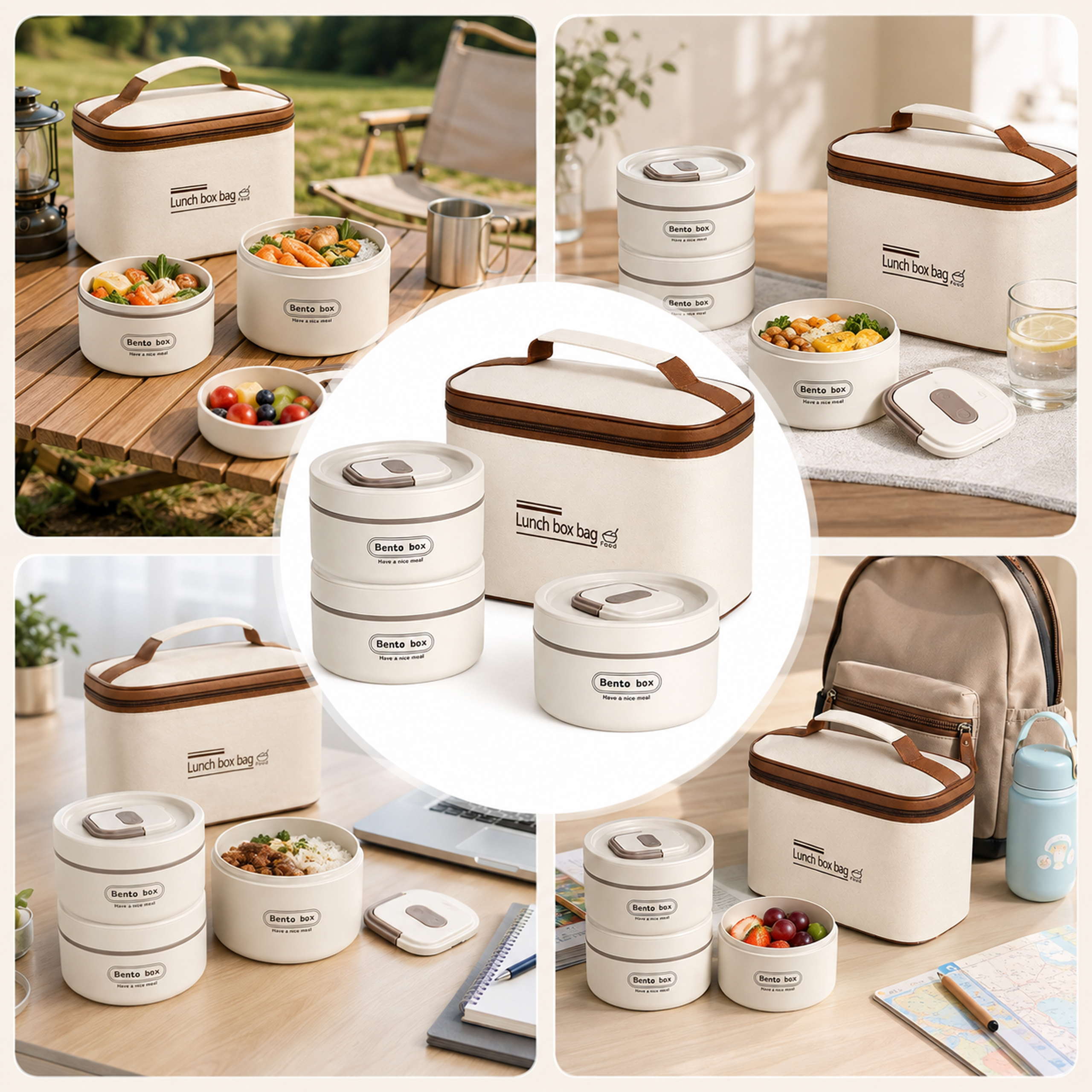 Zestaw lunch boxów z torbą termiczną i czterema pojemnikami biało-beżowymi
