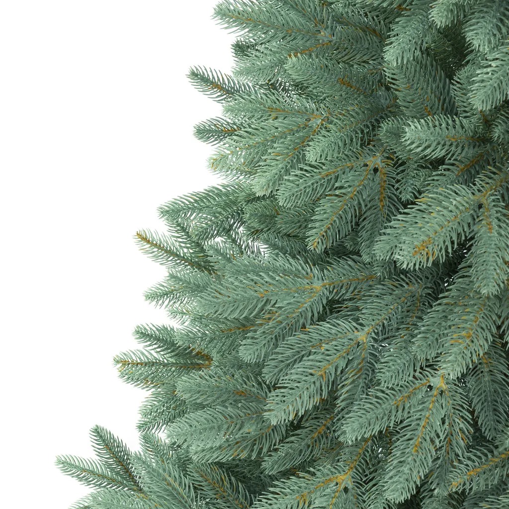 Zbliżenie na gęste, srebrzystozielone gałązki sztucznej choinki 3D