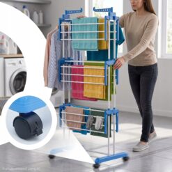 Suszarka Na Pranie Pionowa 3 Poziomy Składana z Kółkami Niebieska 40kg - obrazek 9